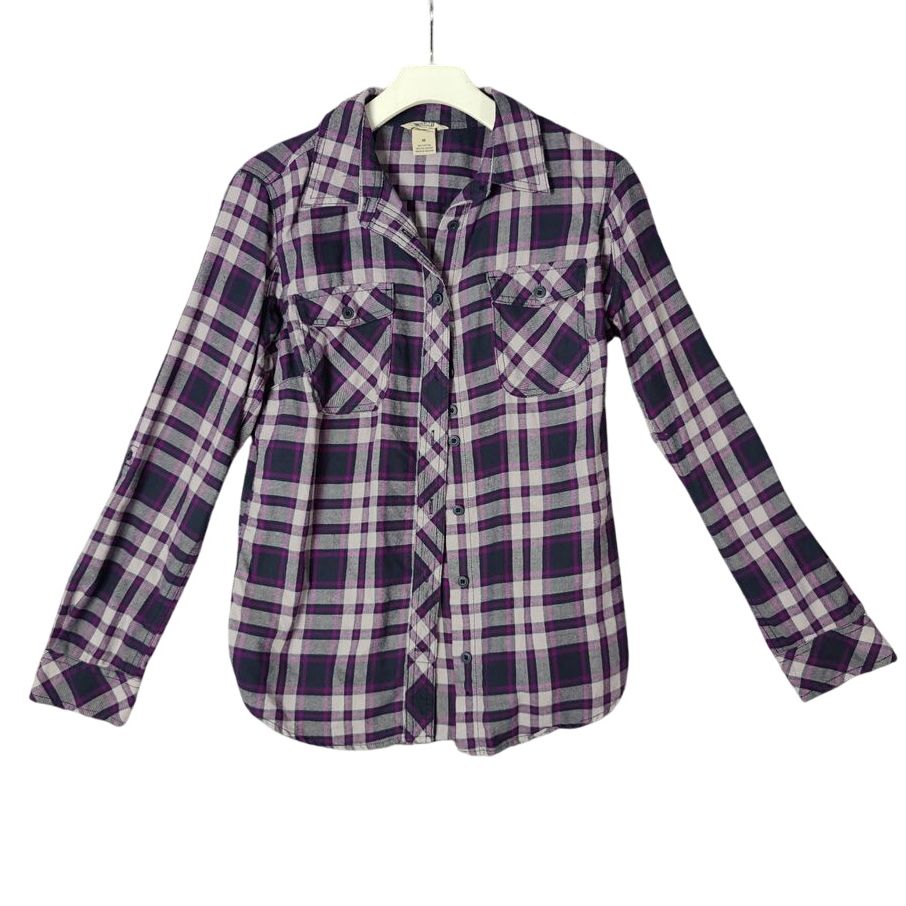 Duluth Flannel Button Top Womens Size M Purple Plaid Flap Pockets Granola Gorp